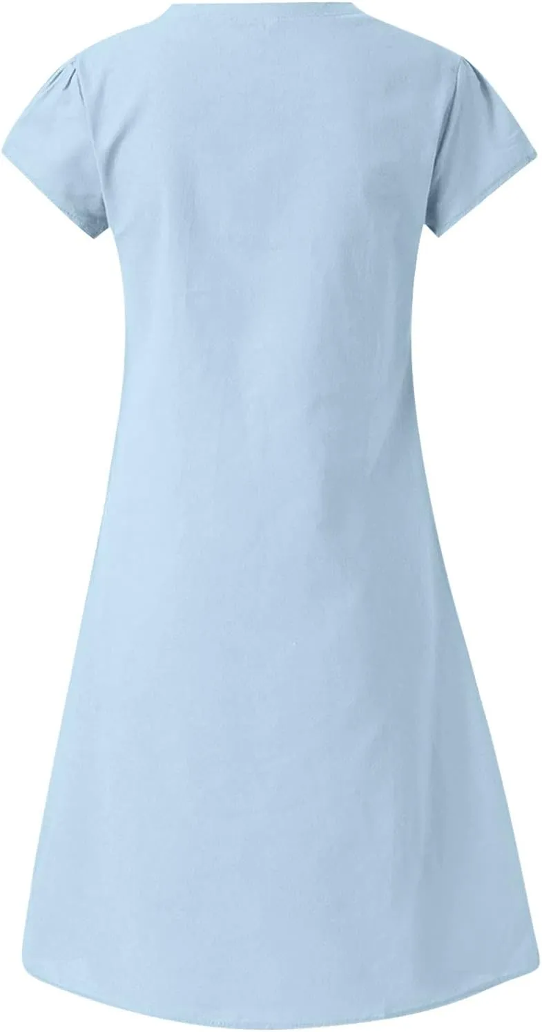 Women's Cotton Linen Dresses Summer Cup Sleeve Comfy Travel Sundresses Beach Wear Trendy Spring Vacation Clothes 2025