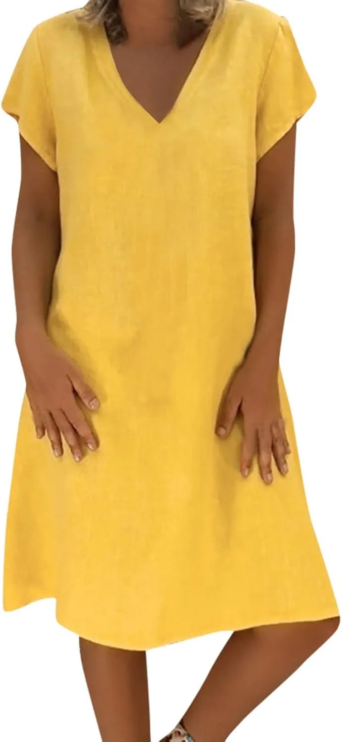 Women's Cotton Linen Dresses Summer Cup Sleeve Comfy Travel Sundresses Beach Wear Trendy Spring Vacation Clothes 2025
