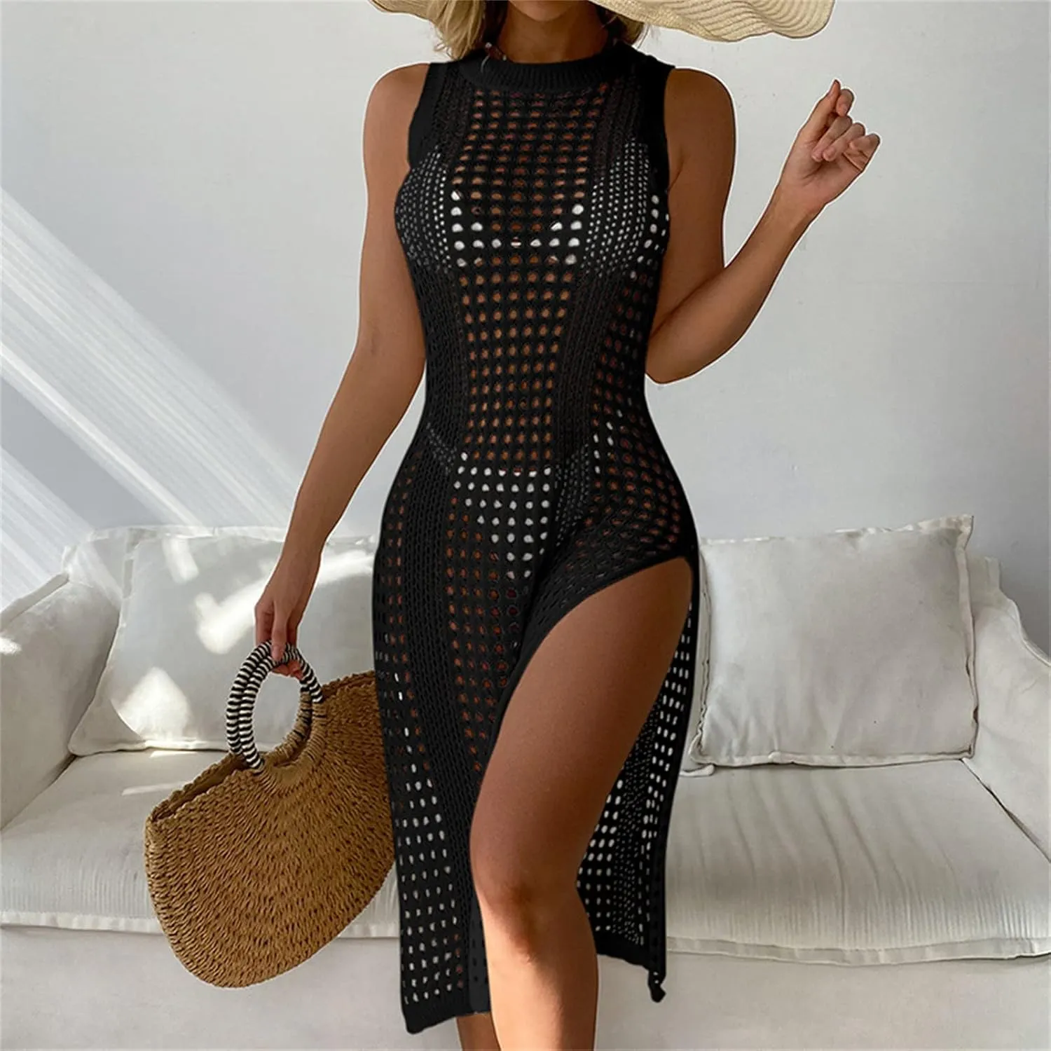Womens Cover Up for Swimwear Sleeveless Crochet Bathing Suit Bikini Cover Up Hollow out Summer Vacation Beach Dress
