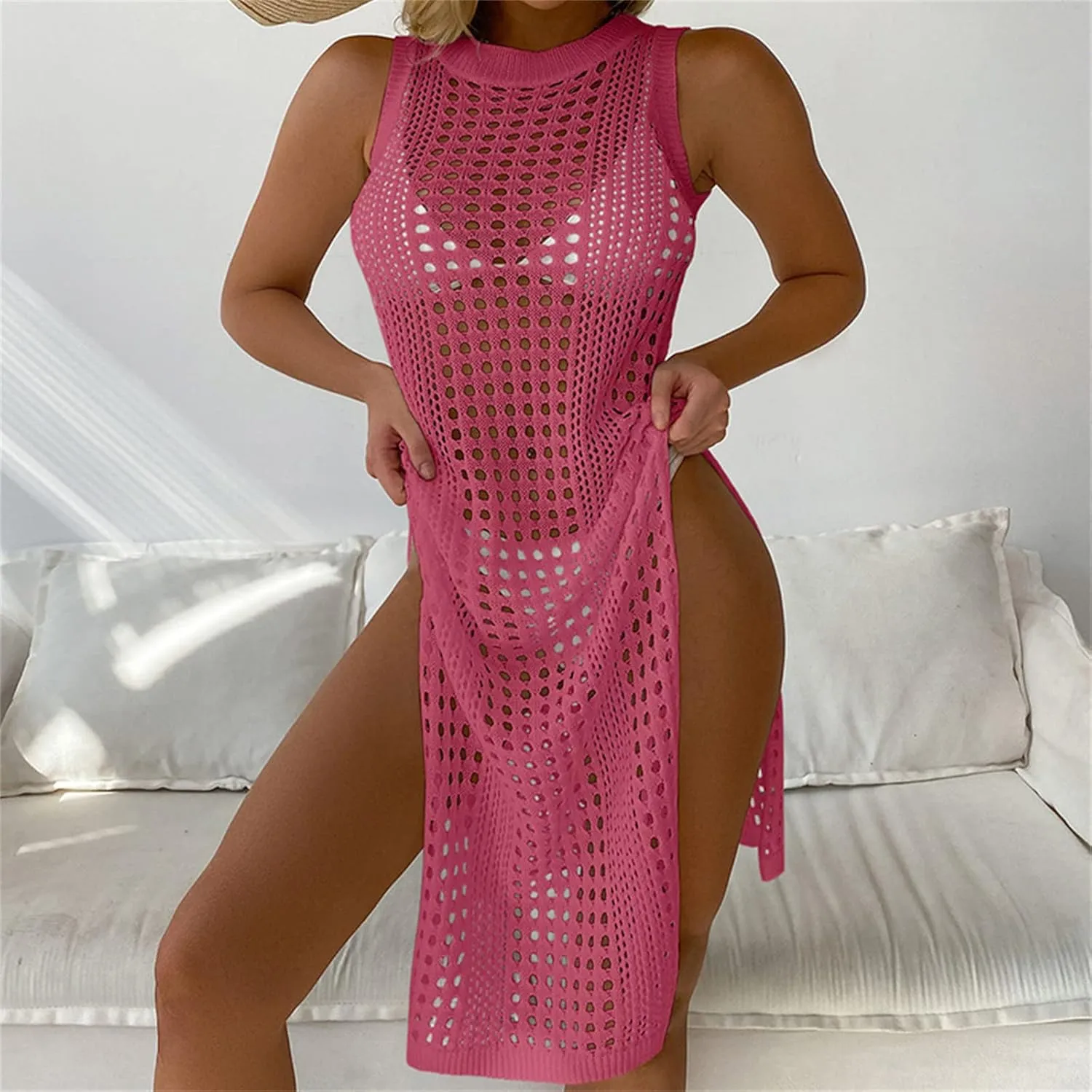 Womens Cover Up for Swimwear Sleeveless Crochet Bathing Suit Bikini Cover Up Hollow out Summer Vacation Beach Dress