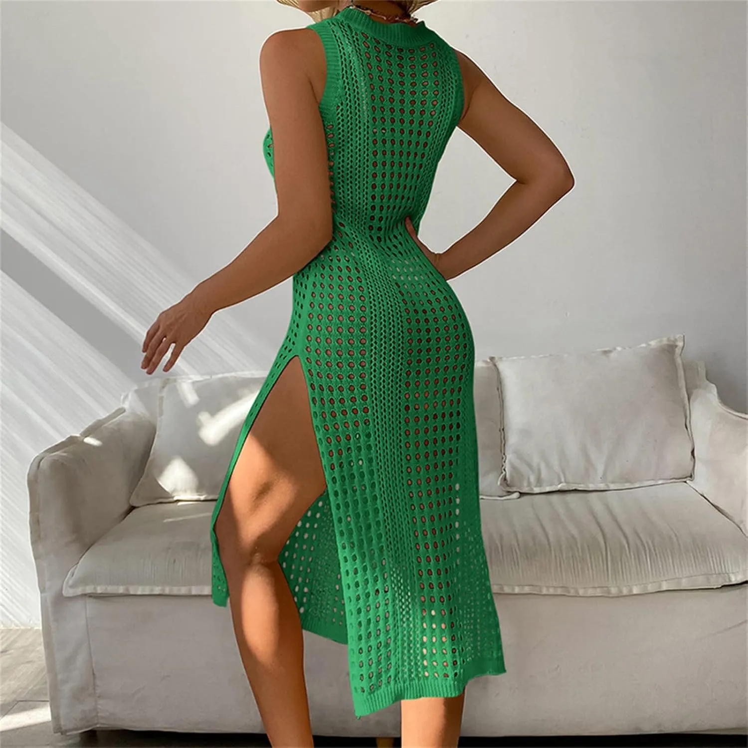 Womens Cover Up for Swimwear Sleeveless Crochet Bathing Suit Bikini Cover Up Hollow out Summer Vacation Beach Dress