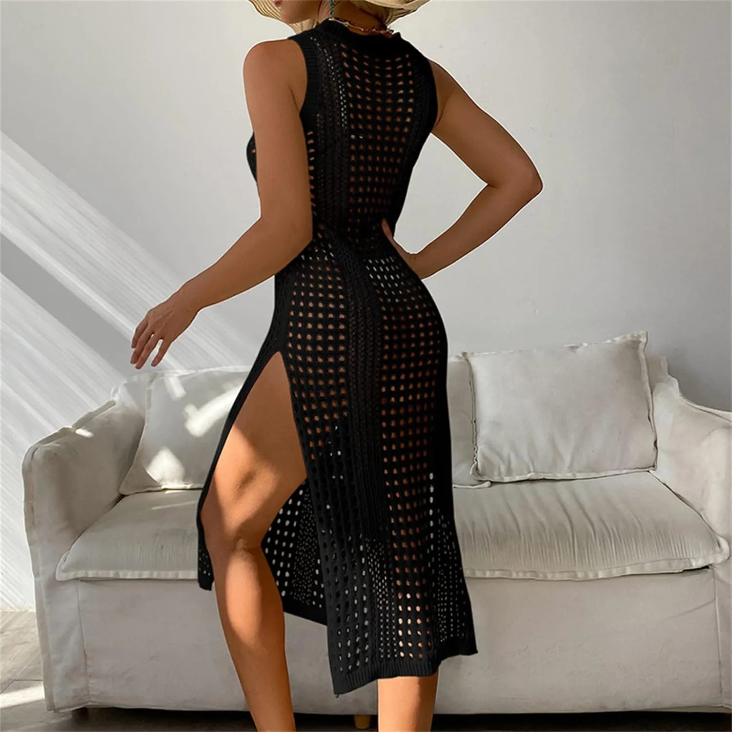 Womens Cover Up for Swimwear Sleeveless Crochet Bathing Suit Bikini Cover Up Hollow out Summer Vacation Beach Dress