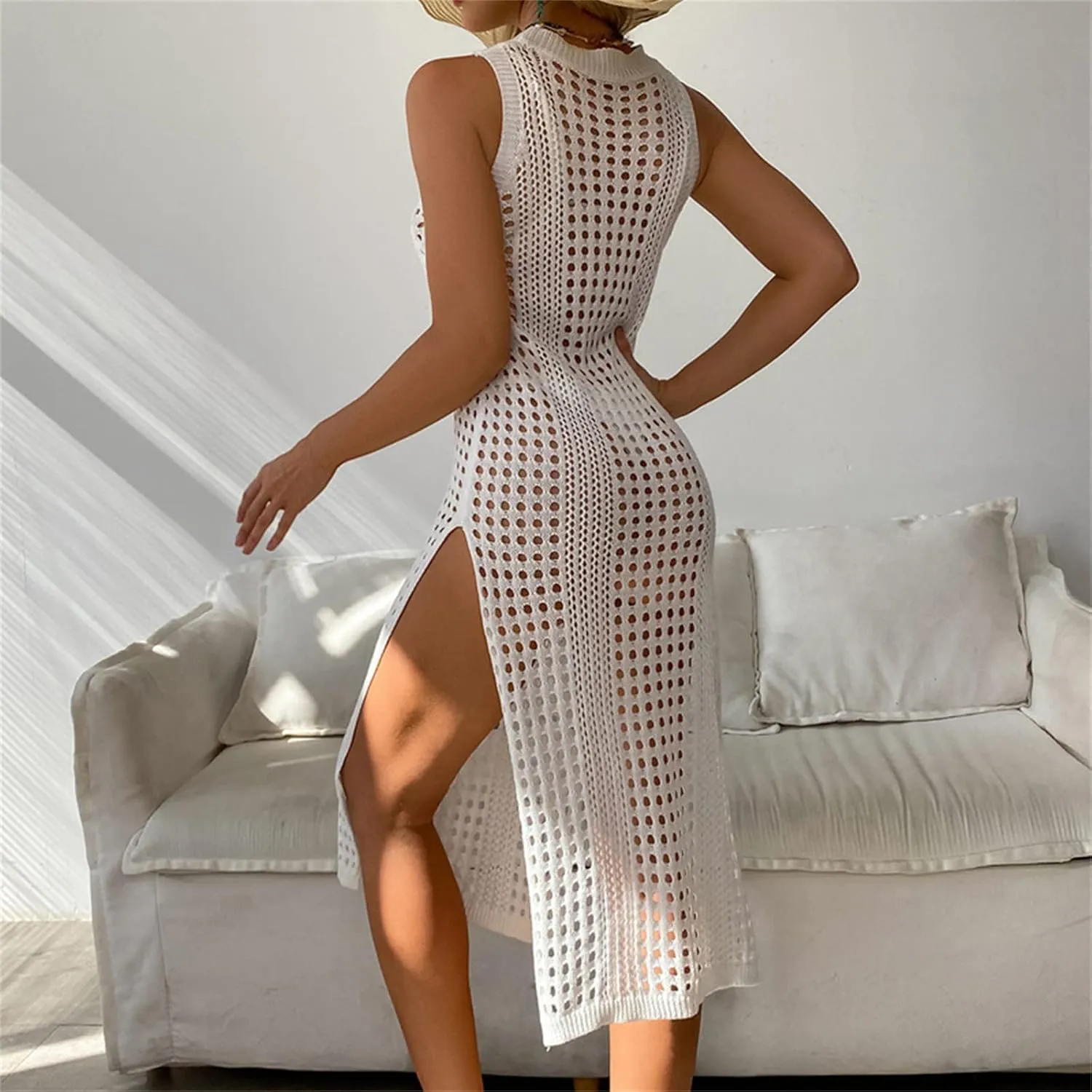 Womens Cover Up for Swimwear Sleeveless Crochet Bathing Suit Bikini Cover Up Hollow out Summer Vacation Beach Dress