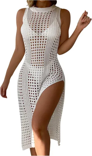 Womens Cover Up for Swimwear Sleeveless Crochet Bathing Suit Bikini Cover Up Hollow out Summer Vacation Beach Dress