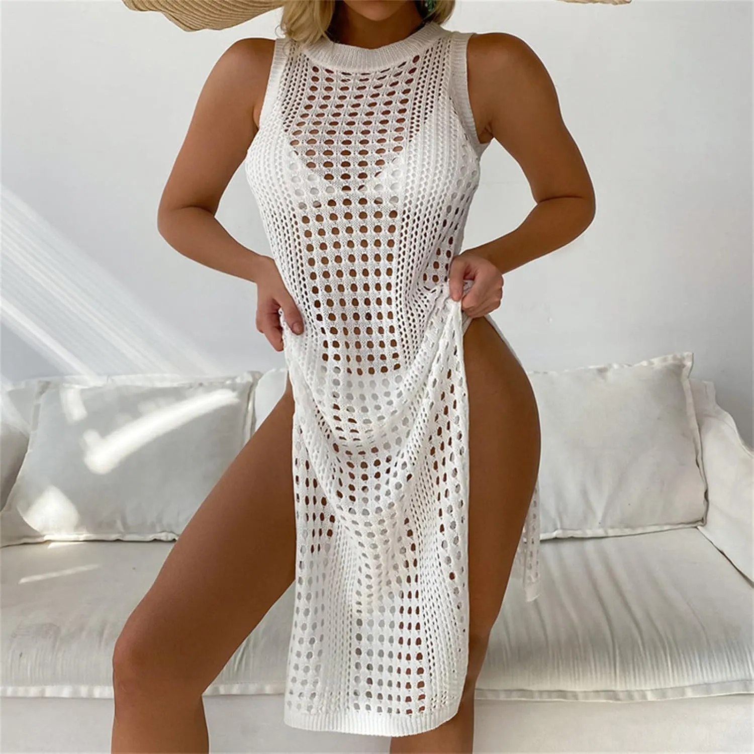 Womens Cover Up for Swimwear Sleeveless Crochet Bathing Suit Bikini Cover Up Hollow out Summer Vacation Beach Dress