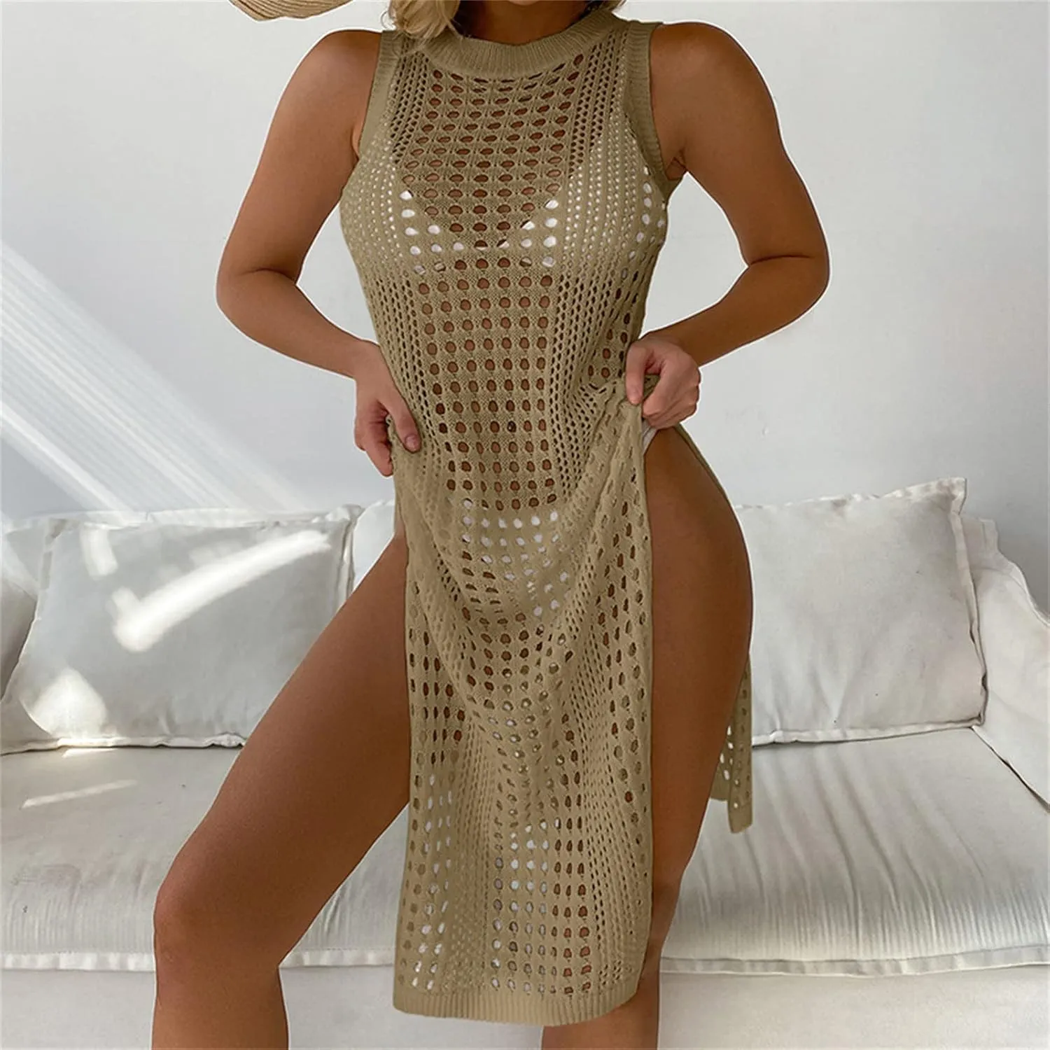 Womens Cover Up for Swimwear Sleeveless Crochet Bathing Suit Bikini Cover Up Hollow out Summer Vacation Beach Dress