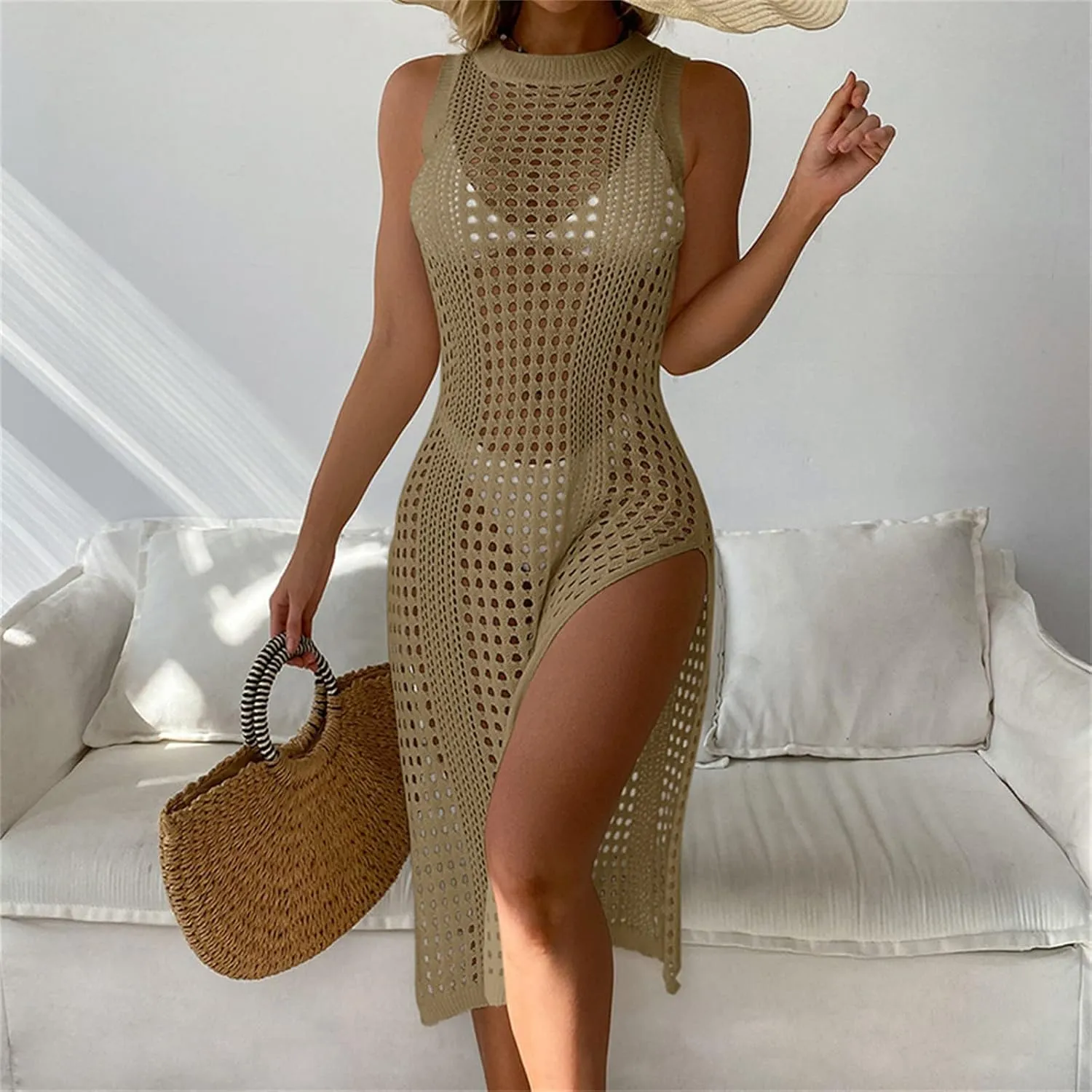 Womens Cover Up for Swimwear Sleeveless Crochet Bathing Suit Bikini Cover Up Hollow out Summer Vacation Beach Dress