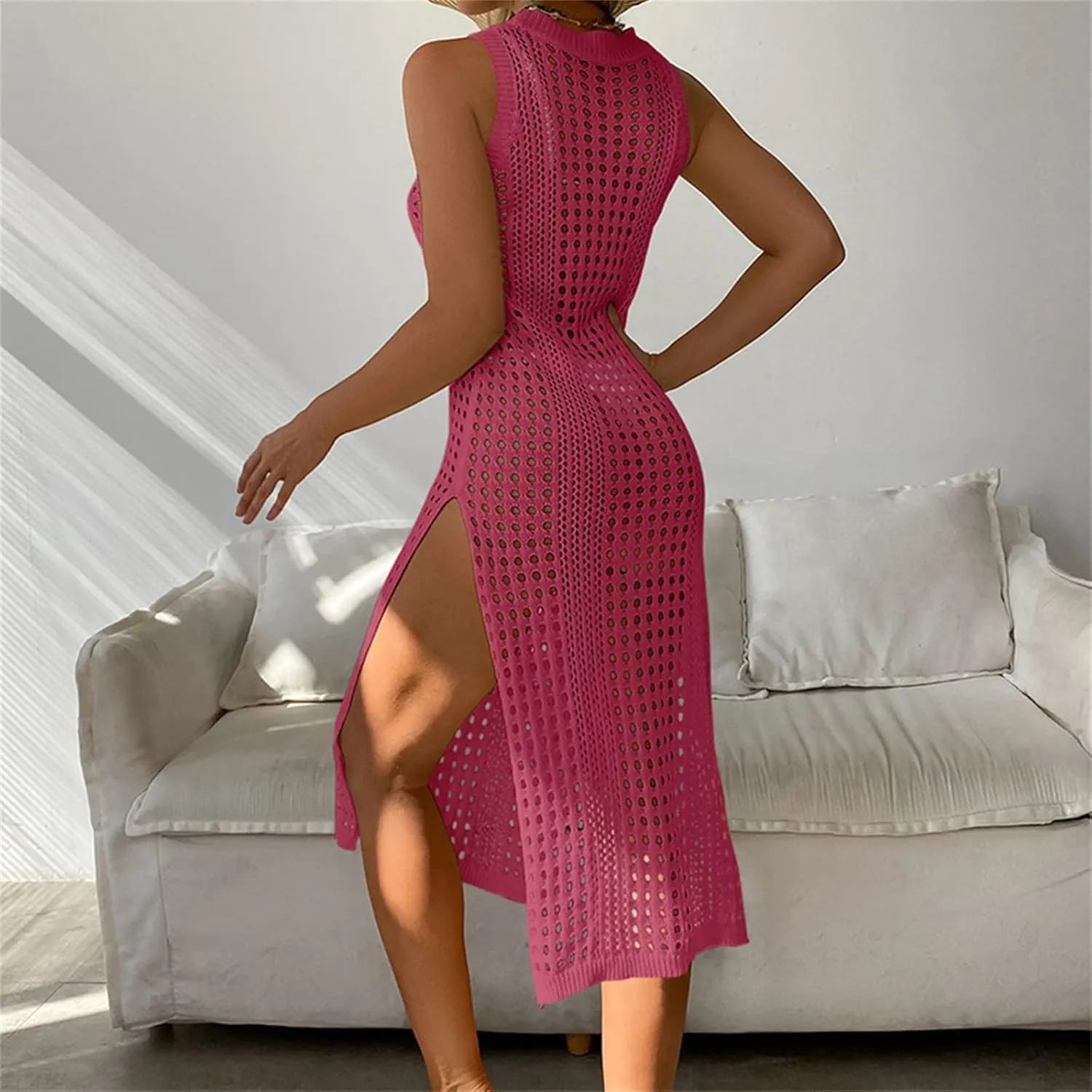 Womens Cover Up for Swimwear Sleeveless Crochet Bathing Suit Bikini Cover Up Hollow out Summer Vacation Beach Dress