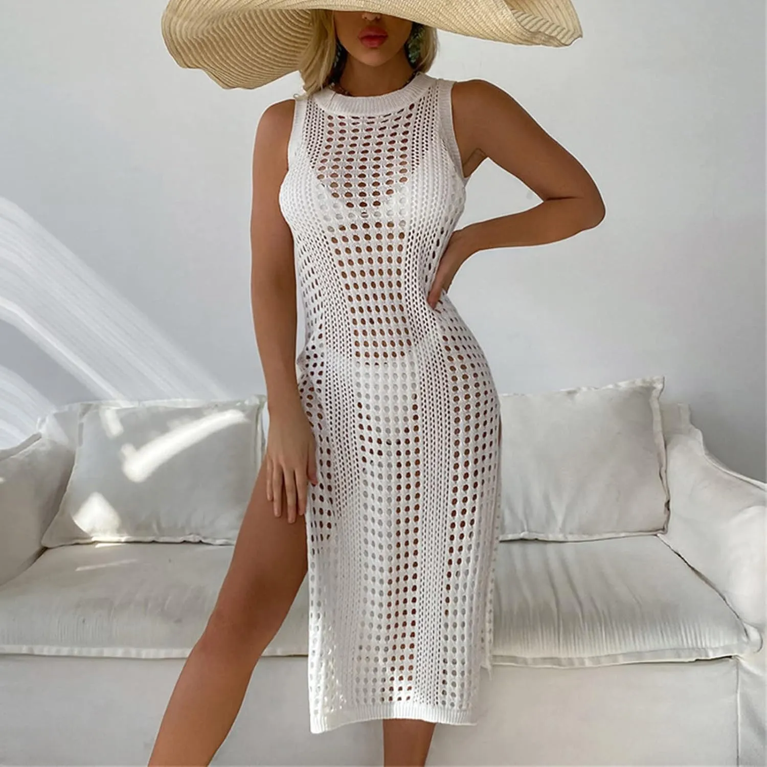 Womens Cover Up for Swimwear Sleeveless Crochet Bathing Suit Bikini Cover Up Hollow out Summer Vacation Beach Dress