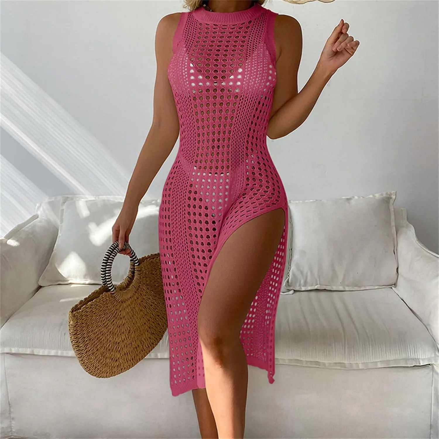 Womens Cover Up for Swimwear Sleeveless Crochet Bathing Suit Bikini Cover Up Hollow out Summer Vacation Beach Dress