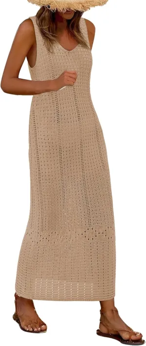 Women's Crochet Swimsuit Cover Up Sleeveless Long Beach Dress Casual Hollow Vest Bathing Suit Dresses Bikini Swimwear