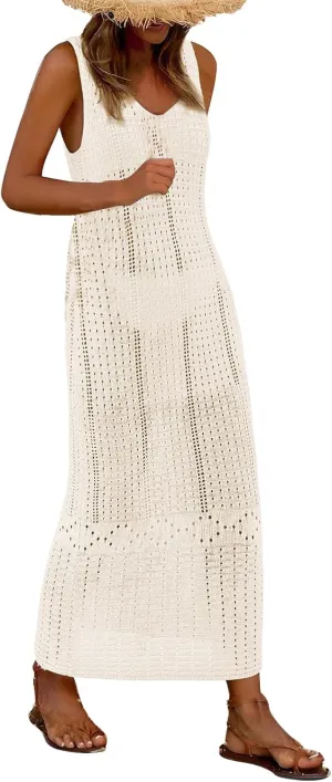 Women's Crochet Swimsuit Cover Up Sleeveless Long Beach Dress Casual Hollow Vest Bathing Suit Dresses Bikini Swimwear