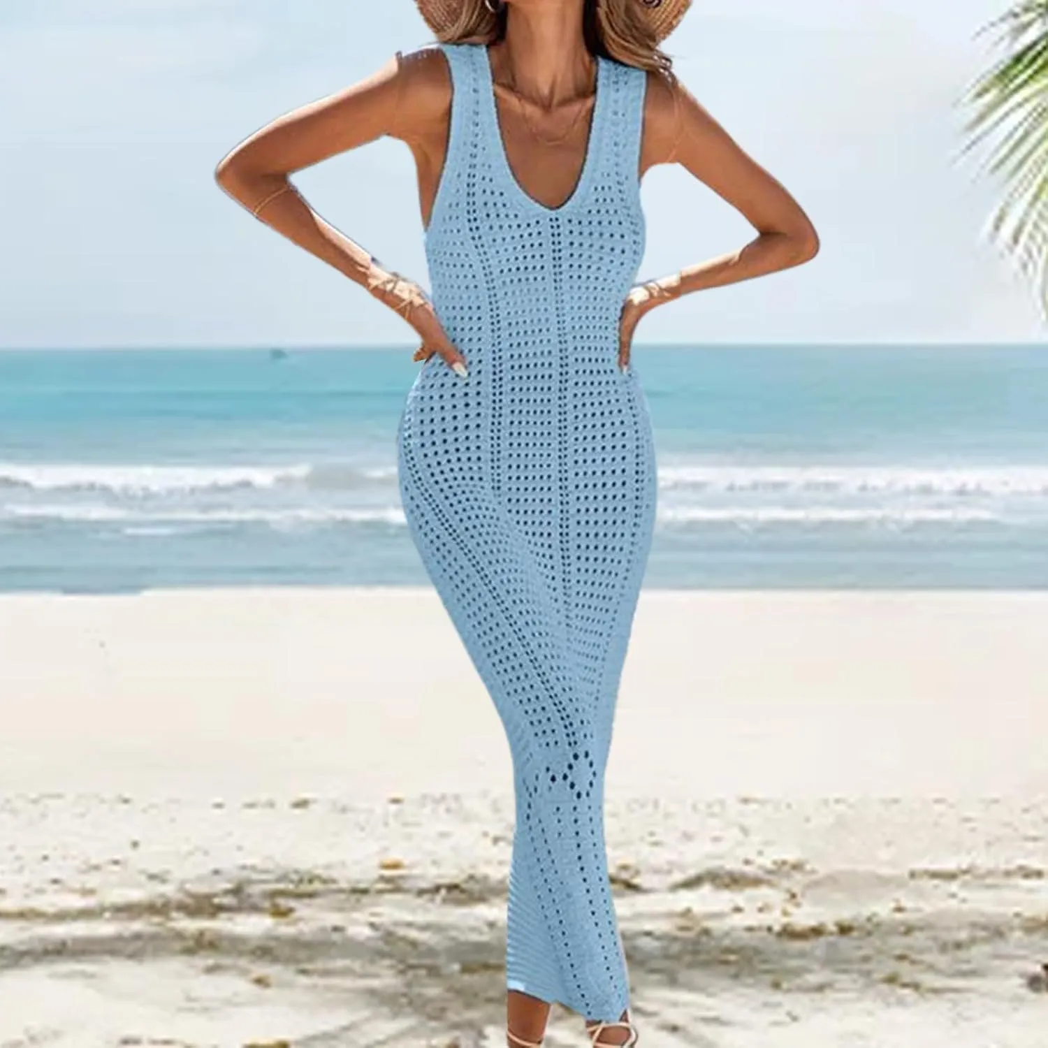 Women's Crochet Swimsuit Cover Up Sleeveless Long Beach Dress Casual Hollow Vest Bathing Suit Dresses Bikini Swimwear