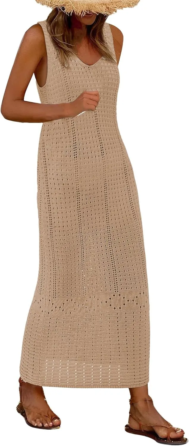 Women's Crochet Swimsuit Cover Up Sleeveless Long Beach Dress Casual Hollow Vest Bathing Suit Dresses Bikini Swimwear