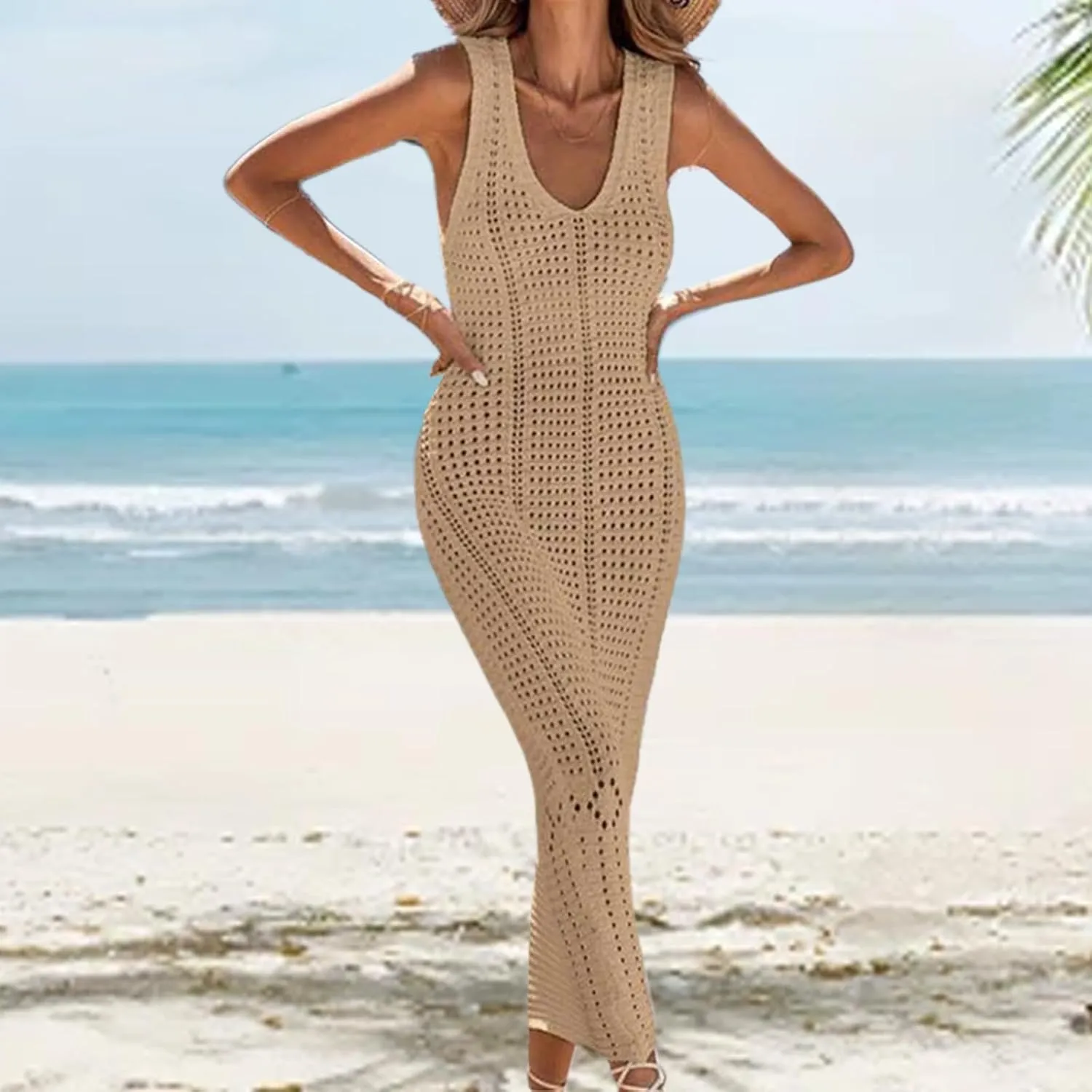 Women's Crochet Swimsuit Cover Up Sleeveless Long Beach Dress Casual Hollow Vest Bathing Suit Dresses Bikini Swimwear
