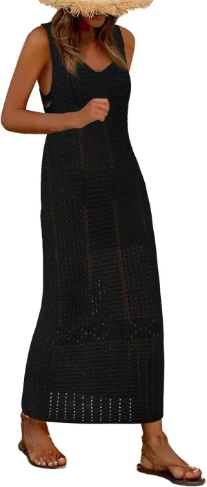 Women's Crochet Swimsuit Cover Up Sleeveless Long Beach Dress Casual Hollow Vest Bathing Suit Dresses Bikini Swimwear
