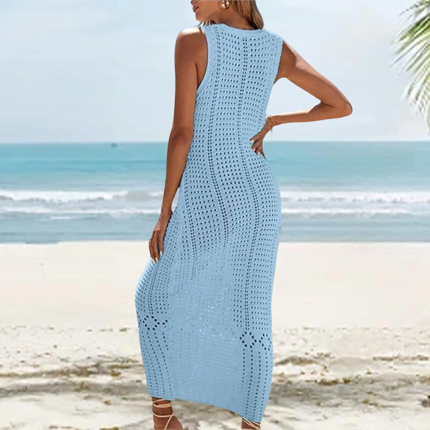 Women's Crochet Swimsuit Cover Up Sleeveless Long Beach Dress Casual Hollow Vest Bathing Suit Dresses Bikini Swimwear