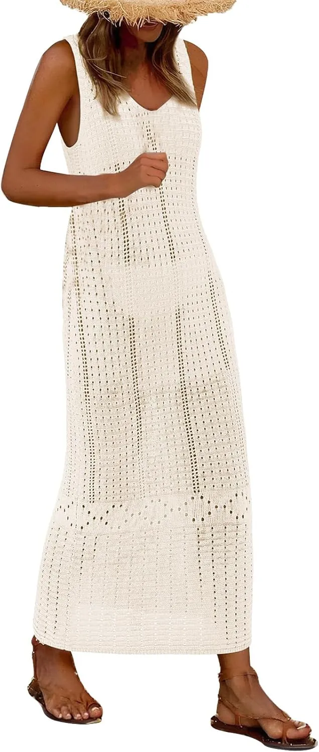 Women's Crochet Swimsuit Cover Up Sleeveless Long Beach Dress Casual Hollow Vest Bathing Suit Dresses Bikini Swimwear