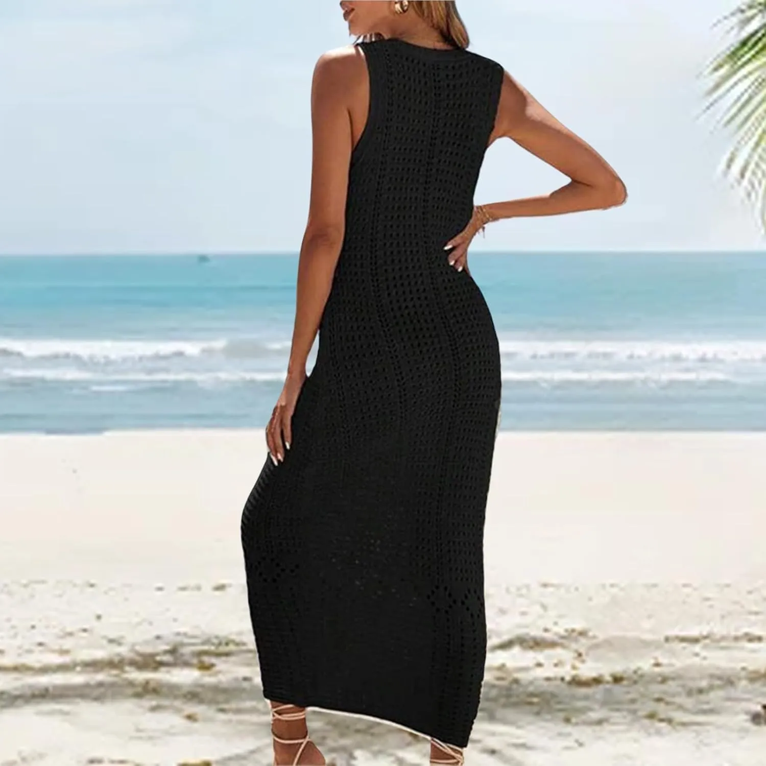 Women's Crochet Swimsuit Cover Up Sleeveless Long Beach Dress Casual Hollow Vest Bathing Suit Dresses Bikini Swimwear