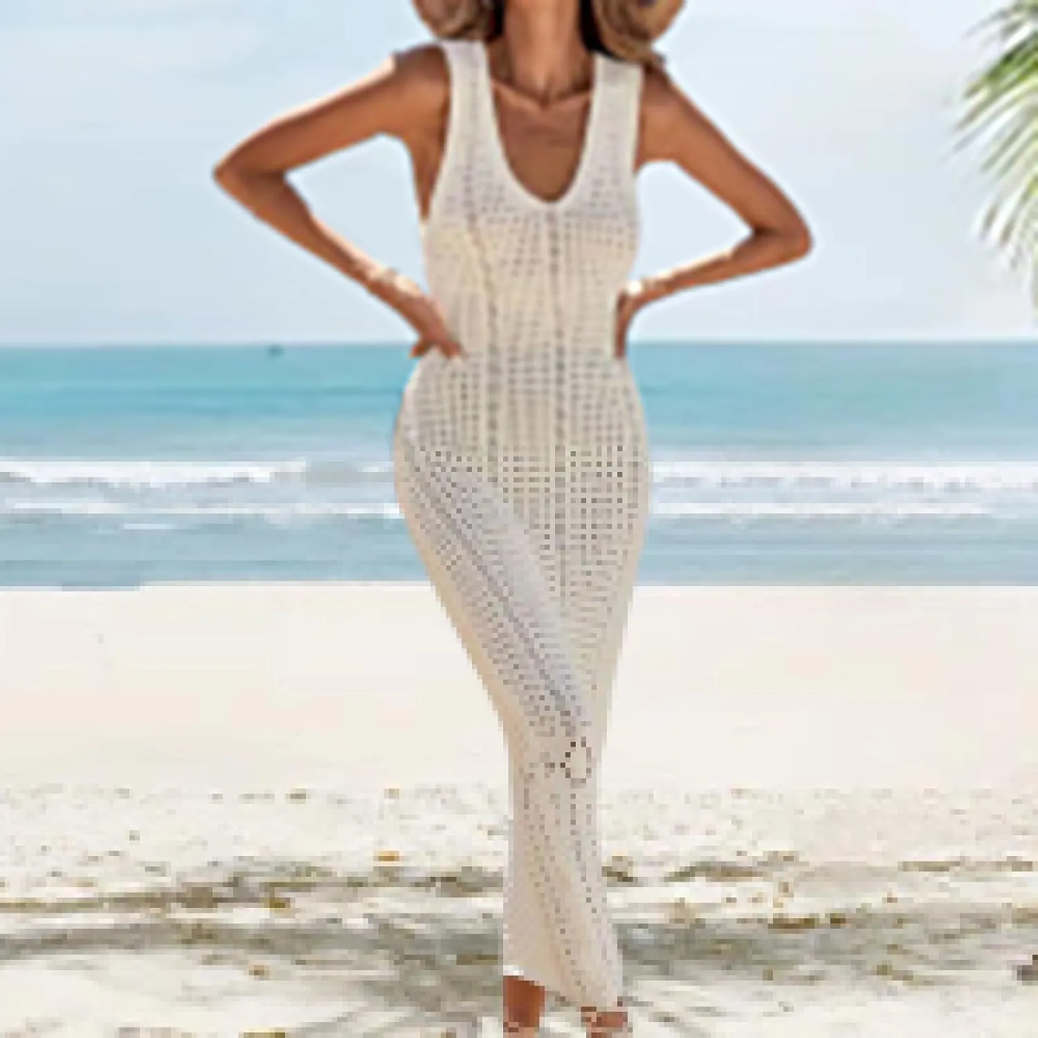 Women's Crochet Swimsuit Cover Up Sleeveless Long Beach Dress Casual Hollow Vest Bathing Suit Dresses Bikini Swimwear