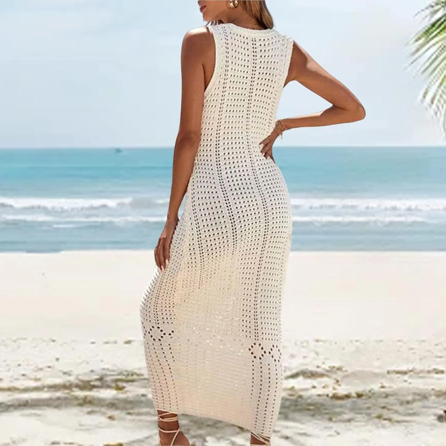 Women's Crochet Swimsuit Cover Up Sleeveless Long Beach Dress Casual Hollow Vest Bathing Suit Dresses Bikini Swimwear