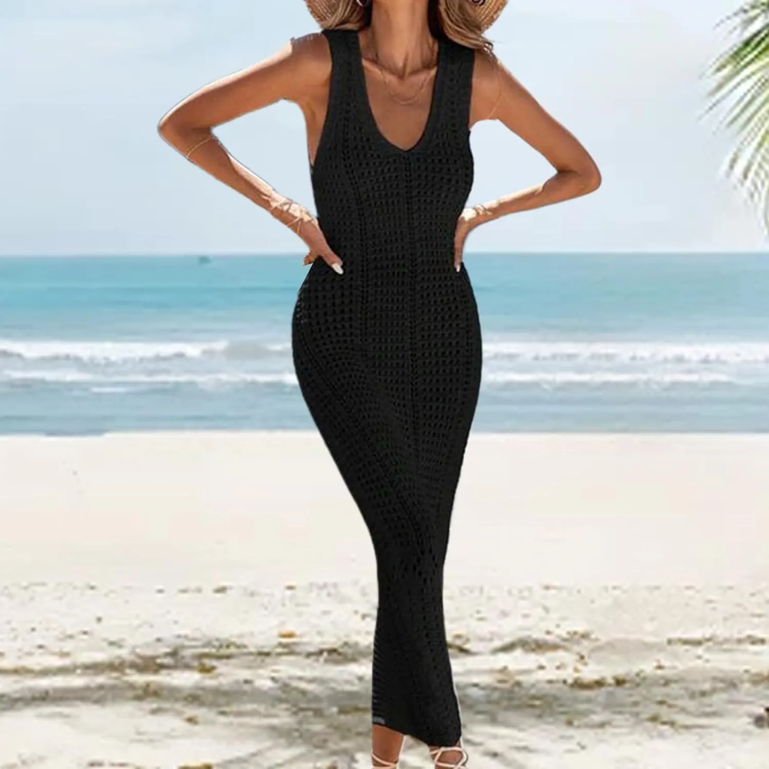 Women's Crochet Swimsuit Cover Up Sleeveless Long Beach Dress Casual Hollow Vest Bathing Suit Dresses Bikini Swimwear
