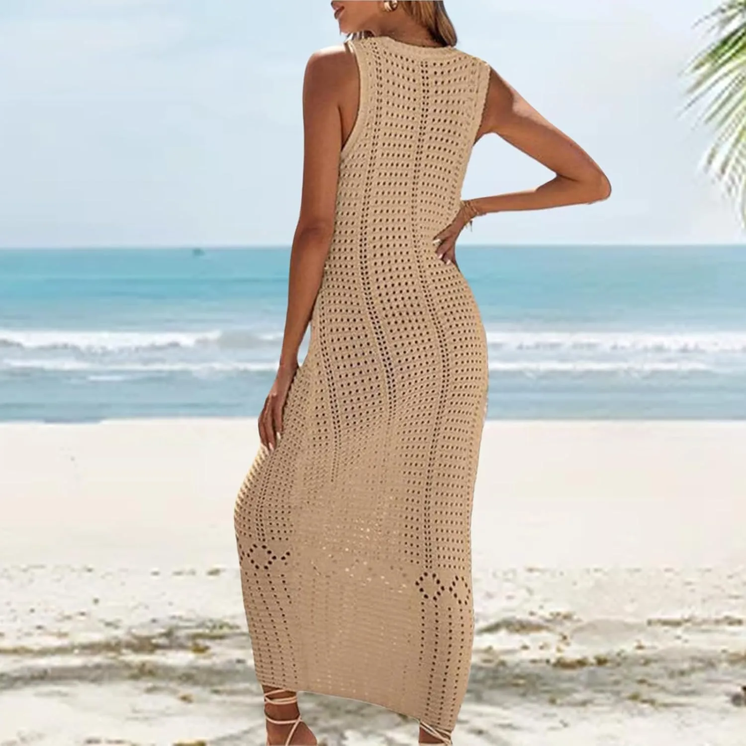 Women's Crochet Swimsuit Cover Up Sleeveless Long Beach Dress Casual Hollow Vest Bathing Suit Dresses Bikini Swimwear