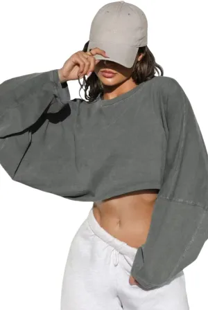 Women's Cropped Sweatshirt, Oversized Long Sleeve, Brown, Casual Athletic Wear