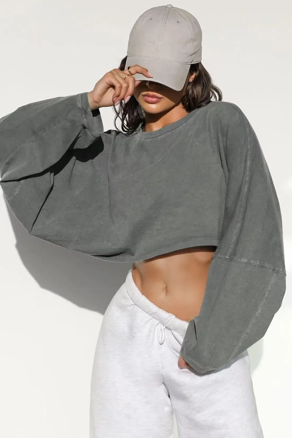 Women's Cropped Sweatshirt, Oversized Long Sleeve, Brown, Casual Athletic Wear