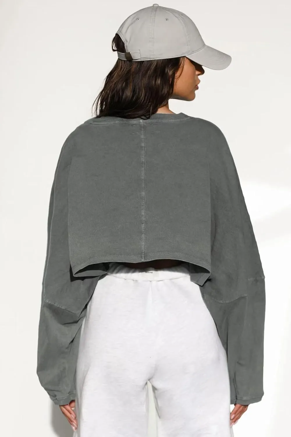 Women's Cropped Sweatshirt, Oversized Long Sleeve, Brown, Casual Athletic Wear