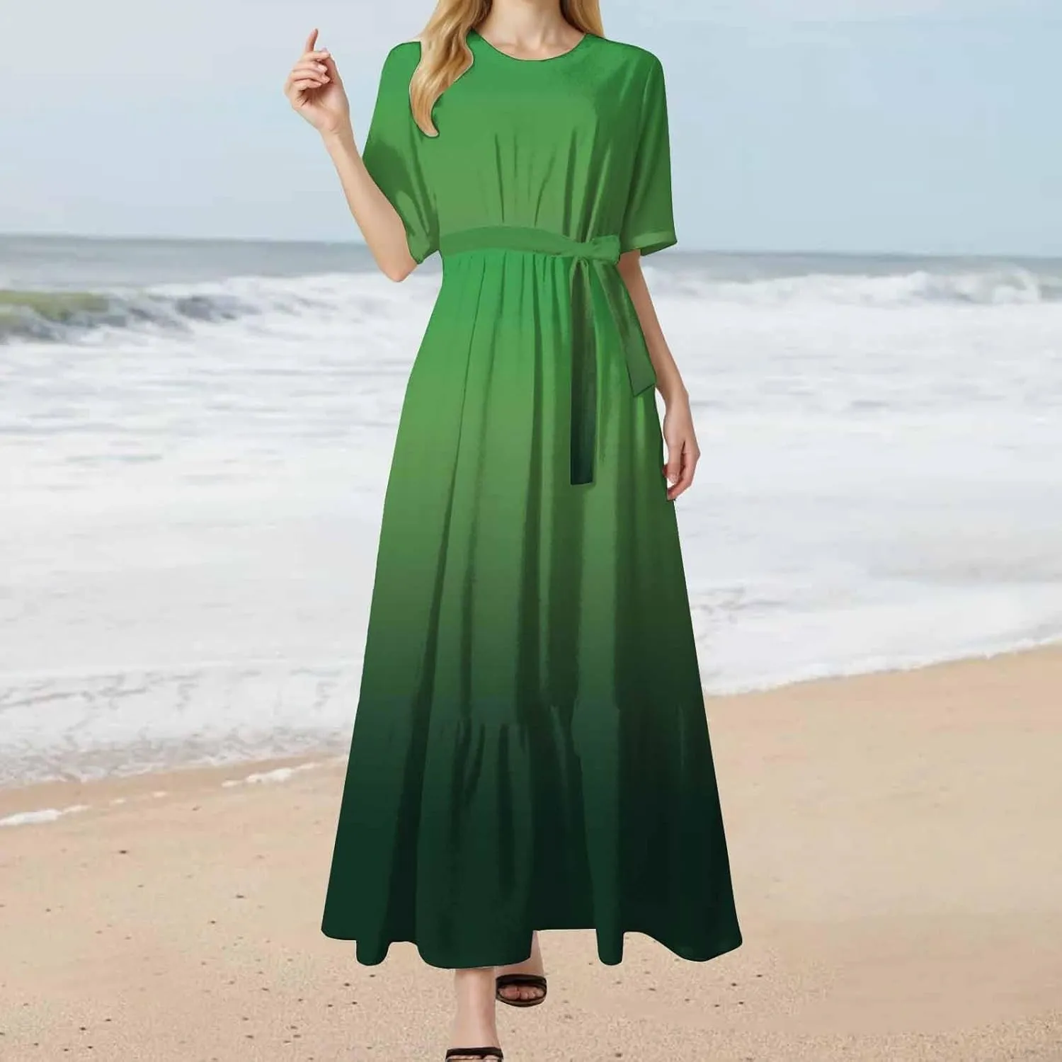 Women's Dresses Casual Summer Tiered Midi Dress Short Sleeve Belted Ruffle Babydoll Boho Sundress with Pockets