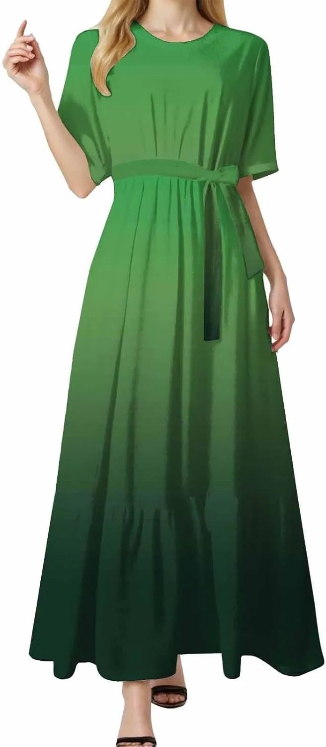 Women's Dresses Casual Summer Tiered Midi Dress Short Sleeve Belted Ruffle Babydoll Boho Sundress with Pockets