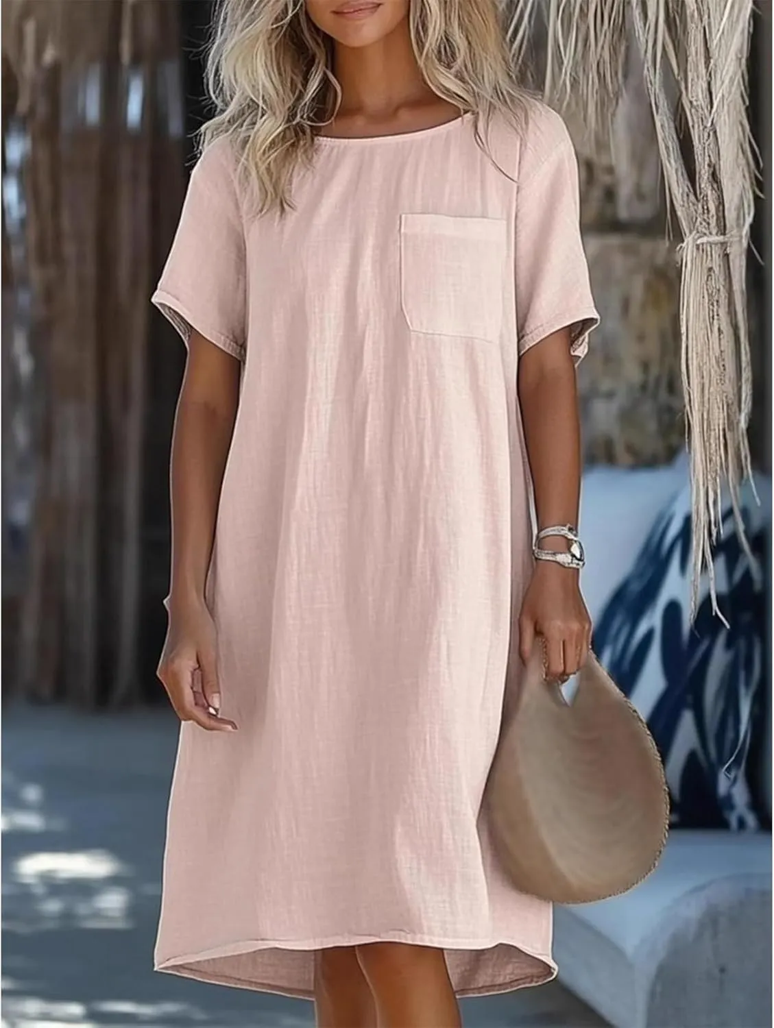 Women's Dresses Loose Fit Short Sleeve Crewneck Mini Dresses Plus Size Solid Color Dress Summer Sundress 2025