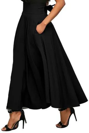 Women's Elastic High-Waisted A-line Flared Elegant Maxi Skirts Tie Front Pleated Long Vintage Strappy Skirt with Pockets