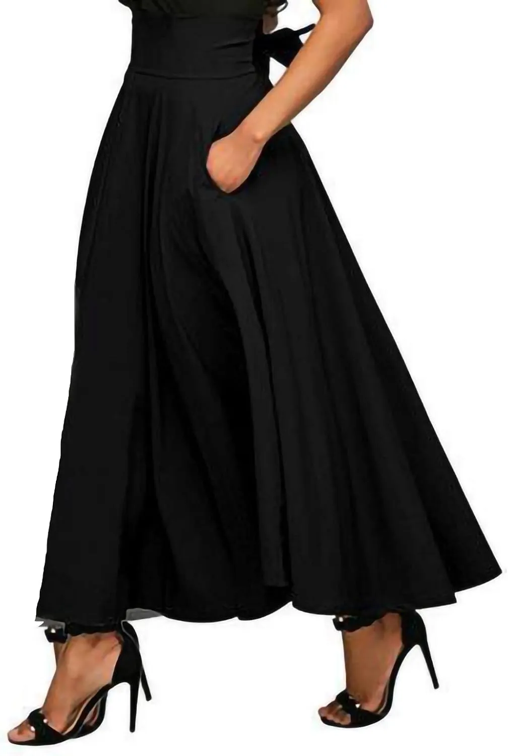 Women's Elastic High-Waisted A-line Flared Elegant Maxi Skirts Tie Front Pleated Long Vintage Strappy Skirt with Pockets