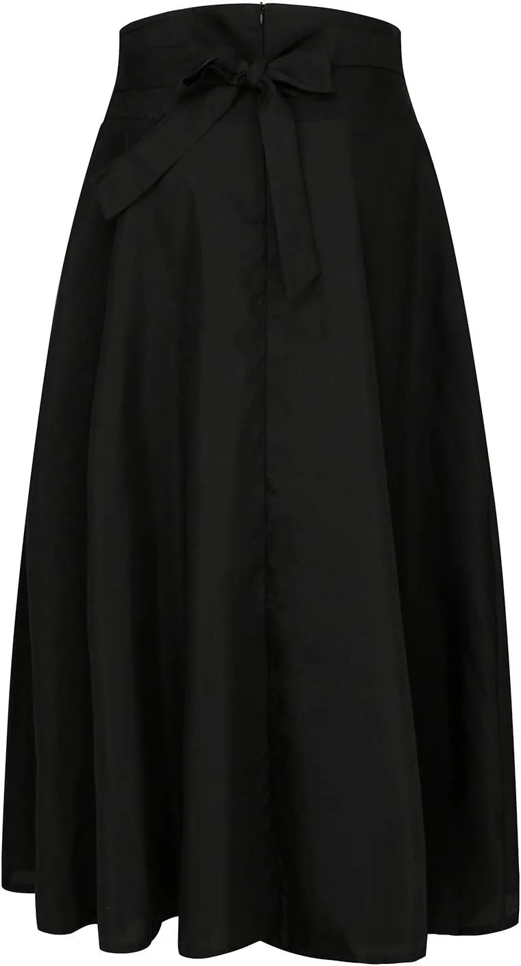 Women's Elastic High-Waisted A-line Flared Elegant Maxi Skirts Tie Front Pleated Long Vintage Strappy Skirt with Pockets
