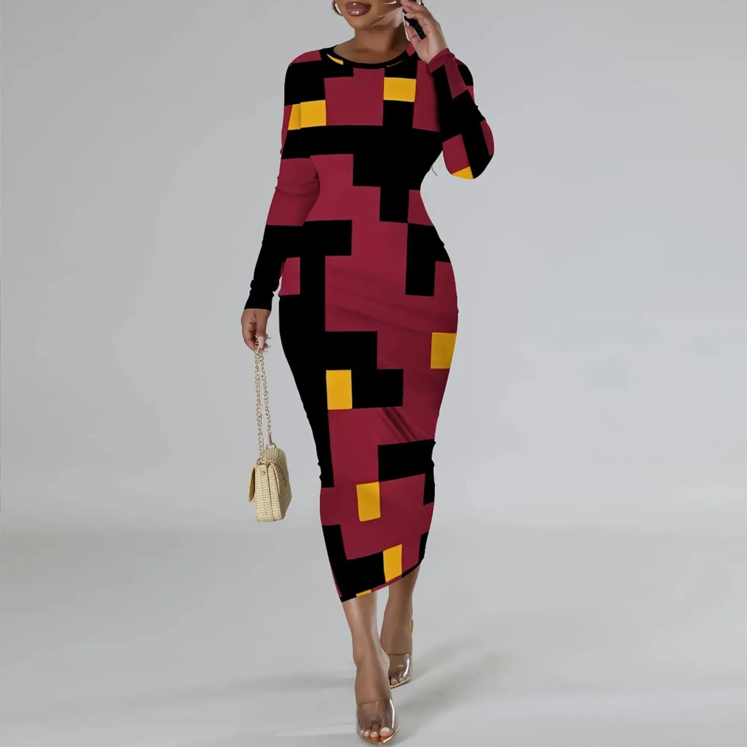 Women's Fashion Basic Pencil Bodycon Dress Casual Crewneck Long Sleeves Midi Dress Elegant Slim Cocktail Party Outfits