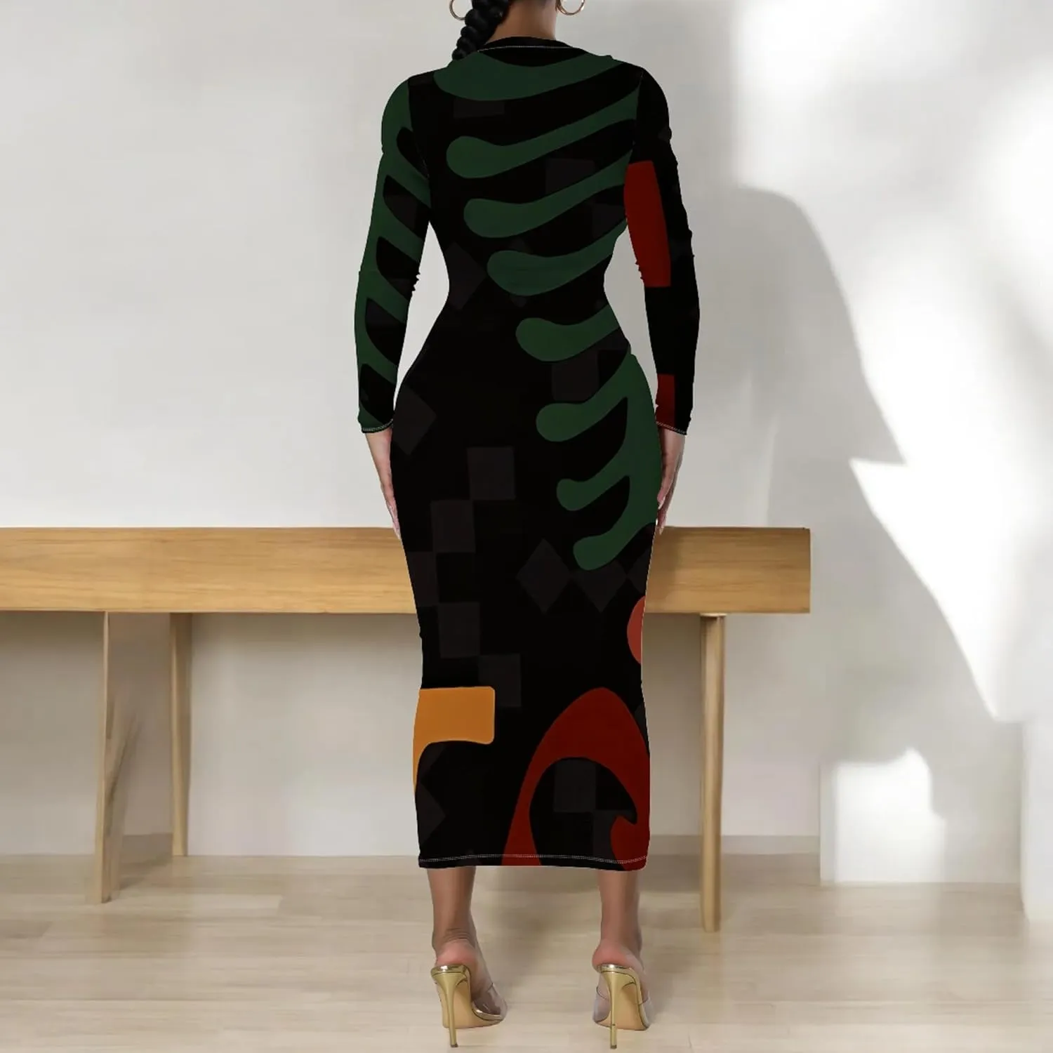 Women's Fashion Basic Pencil Bodycon Dress Casual Crewneck Long Sleeves Midi Dress Elegant Slim Cocktail Party Outfits