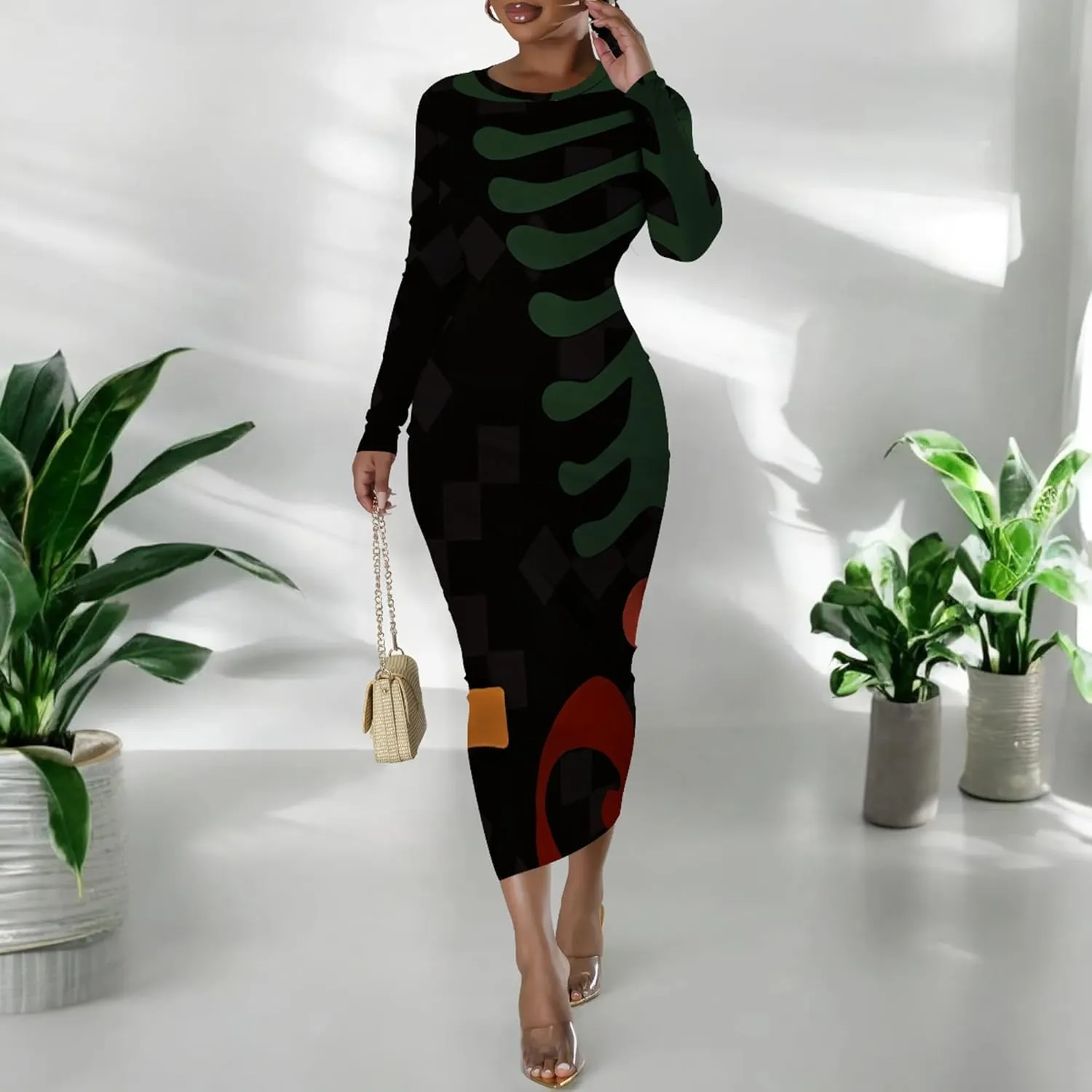 Women's Fashion Basic Pencil Bodycon Dress Casual Crewneck Long Sleeves Midi Dress Elegant Slim Cocktail Party Outfits