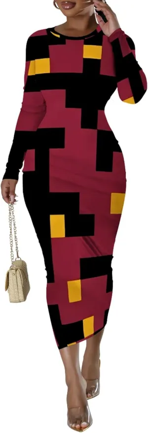 Women's Fashion Basic Pencil Bodycon Dress Casual Crewneck Long Sleeves Midi Dress Elegant Slim Cocktail Party Outfits