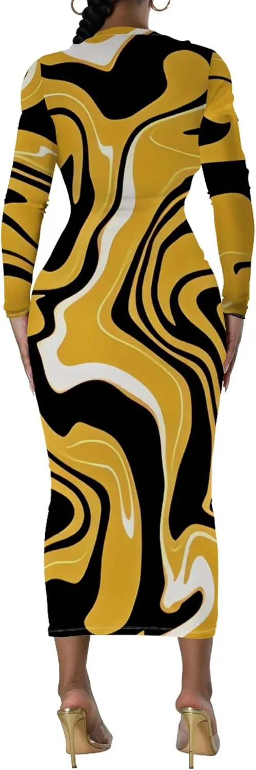 Women's Fashion Basic Pencil Bodycon Dress Casual Crewneck Long Sleeves Midi Dress Elegant Slim Cocktail Party Outfits