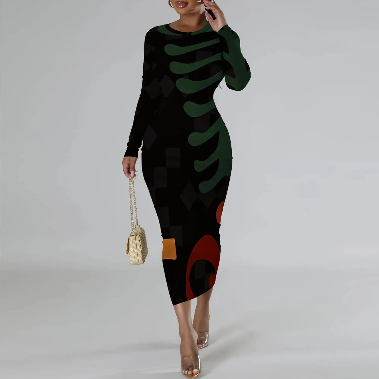 Women's Fashion Basic Pencil Bodycon Dress Casual Crewneck Long Sleeves Midi Dress Elegant Slim Cocktail Party Outfits