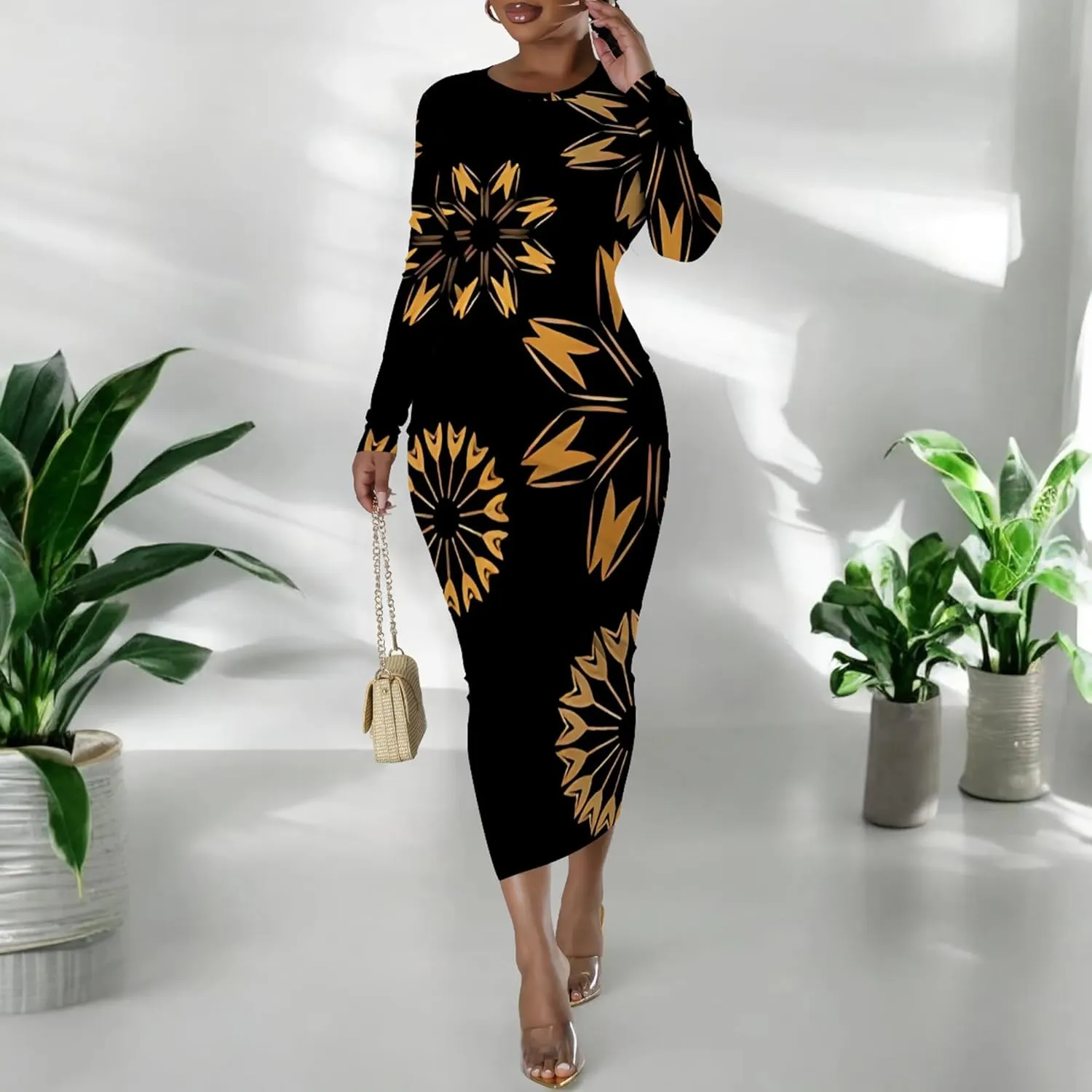 Women's Fashion Basic Pencil Bodycon Dress Casual Crewneck Long Sleeves Midi Dress Elegant Slim Cocktail Party Outfits