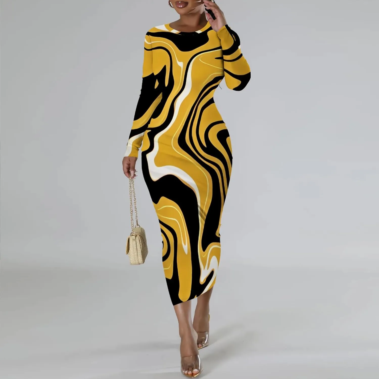 Women's Fashion Basic Pencil Bodycon Dress Casual Crewneck Long Sleeves Midi Dress Elegant Slim Cocktail Party Outfits