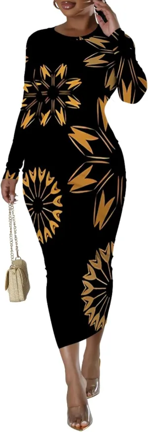 Women's Fashion Basic Pencil Bodycon Dress Casual Crewneck Long Sleeves Midi Dress Elegant Slim Cocktail Party Outfits