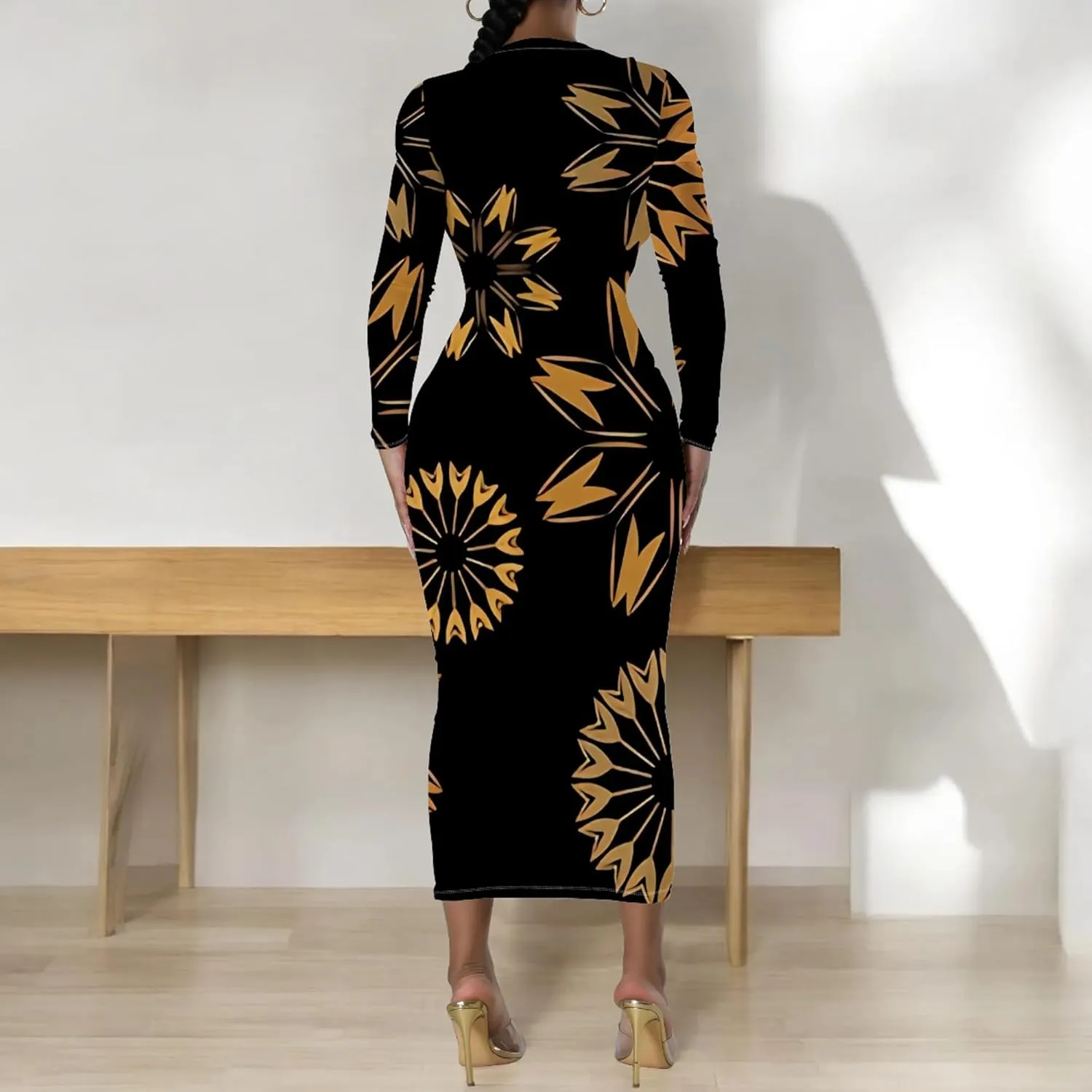 Women's Fashion Basic Pencil Bodycon Dress Casual Crewneck Long Sleeves Midi Dress Elegant Slim Cocktail Party Outfits