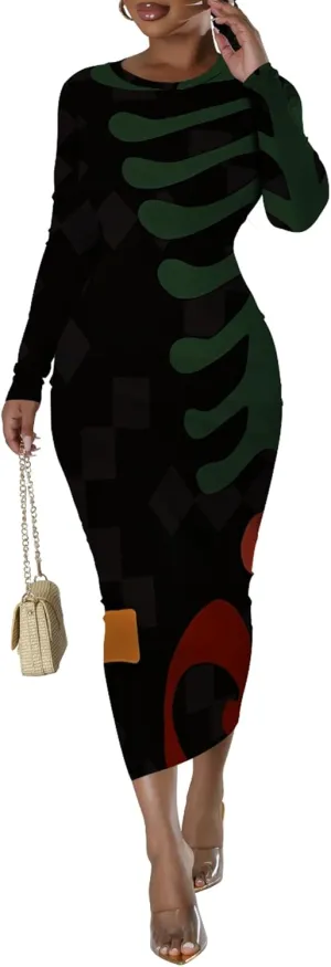 Women's Fashion Basic Pencil Bodycon Dress Casual Crewneck Long Sleeves Midi Dress Elegant Slim Cocktail Party Outfits