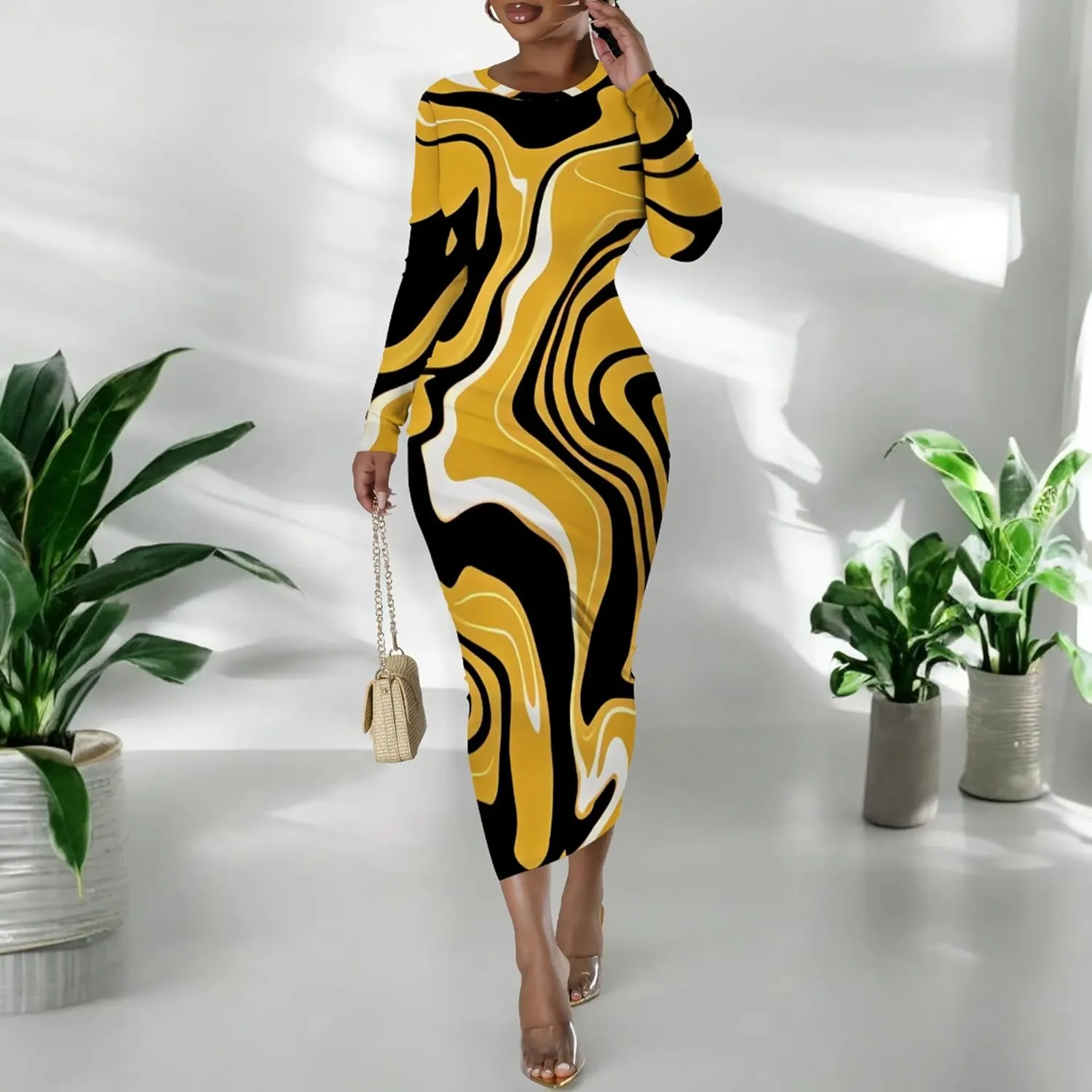 Women's Fashion Basic Pencil Bodycon Dress Casual Crewneck Long Sleeves Midi Dress Elegant Slim Cocktail Party Outfits