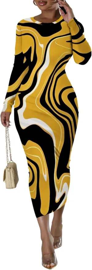Women's Fashion Basic Pencil Bodycon Dress Casual Crewneck Long Sleeves Midi Dress Elegant Slim Cocktail Party Outfits