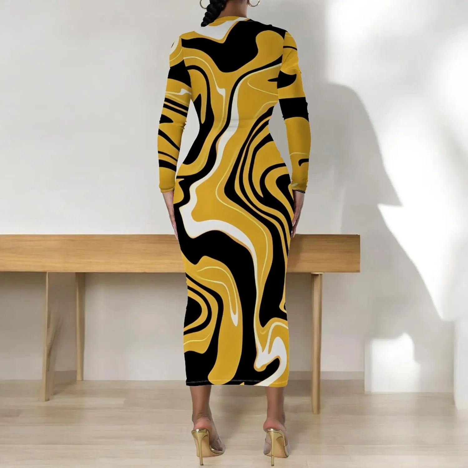 Women's Fashion Basic Pencil Bodycon Dress Casual Crewneck Long Sleeves Midi Dress Elegant Slim Cocktail Party Outfits